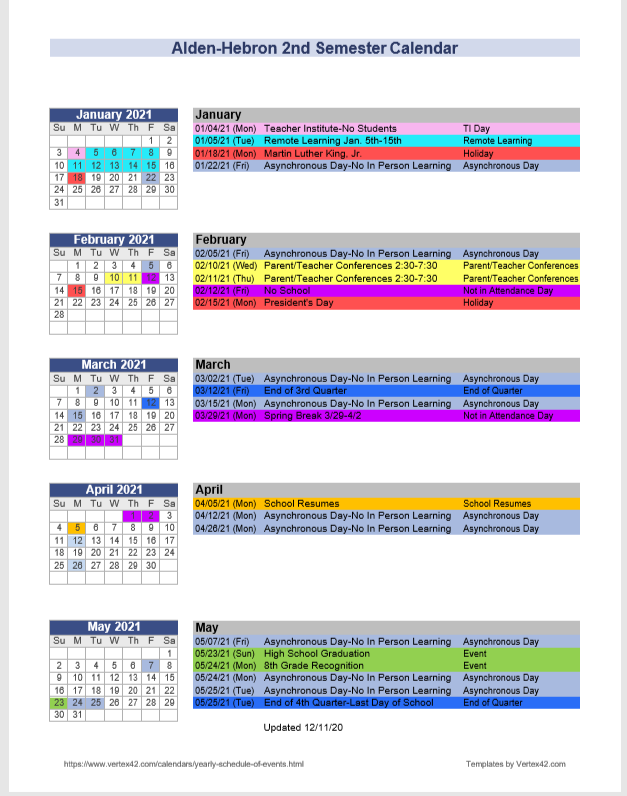 District Calendar Second Semester